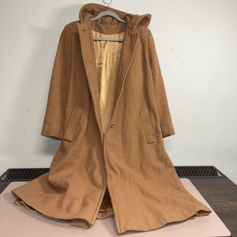 Vintage Hooded Wool Coat Camel Brown Long Lined Trench Women's Mid-Century PICS* - Picture 2 of 16
